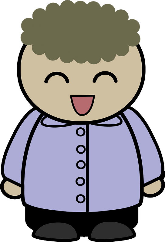 Curly haired boy in a blue buttondown, joyful face, front