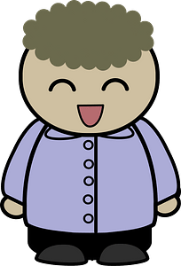 Curly haired boy in a blue buttondown, joyful face, front