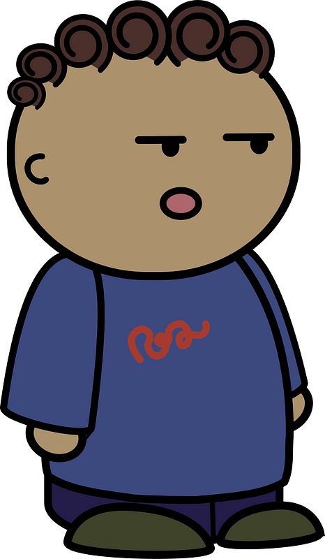 Curly haired boy in a blue shirt, surprised face, to the side