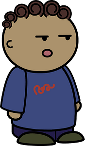 Curly haired boy in a blue shirt, surprised face, to the side