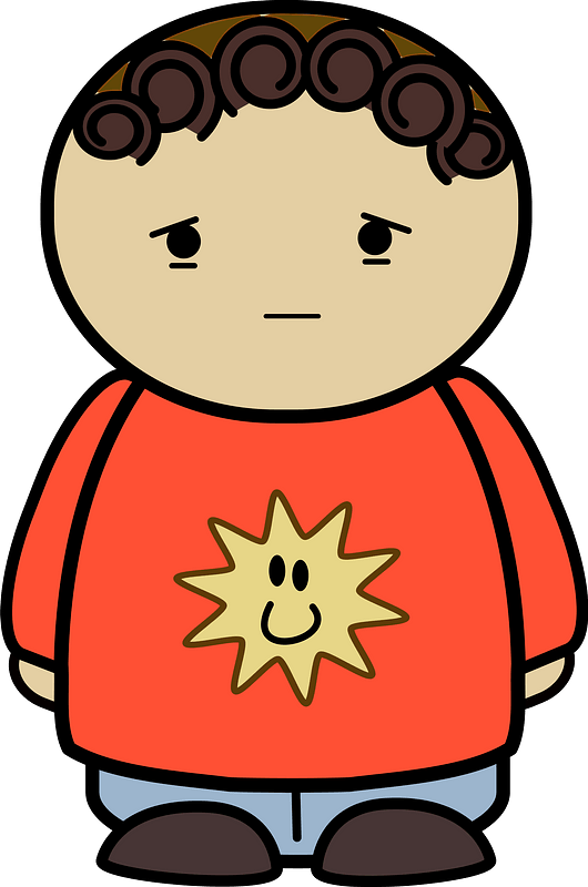 Curly haired boy in a orange shirt, sad face, front