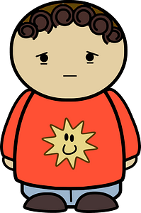 Curly haired boy in a orange shirt, sad face, front