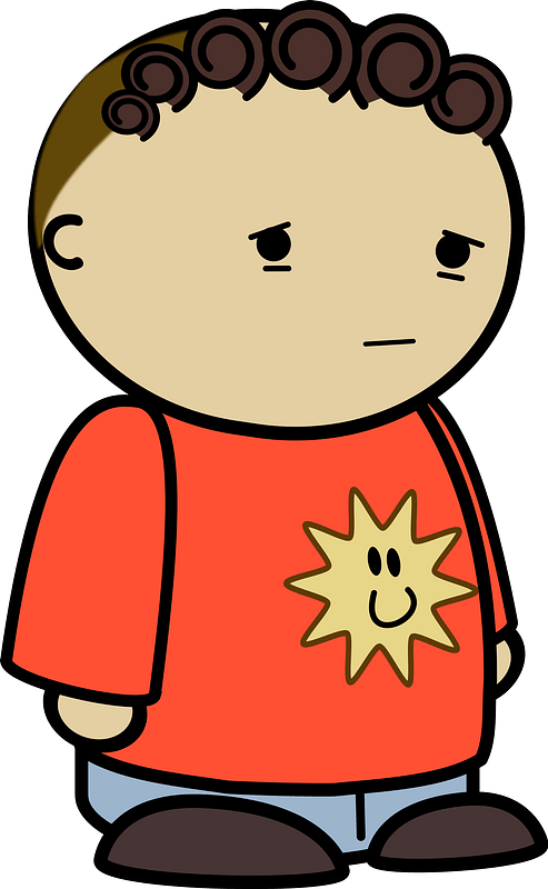 Curly haired boy in a orange shirt, sad face, to the side