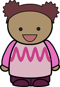 Curly haired girl in a pink shirt, happy face, front