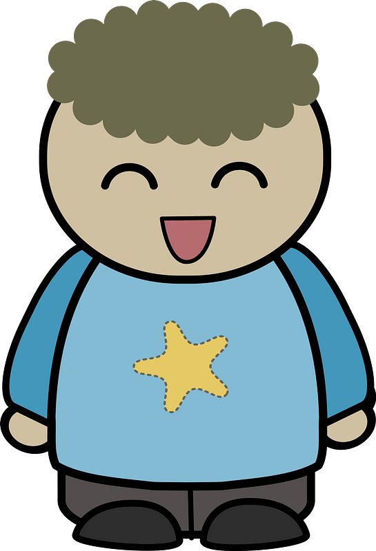Curly haired boy in a blue shirt, joyful face, front