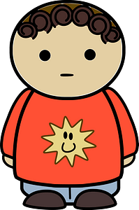 Curly haired boy in a orange shirt, no expression, front