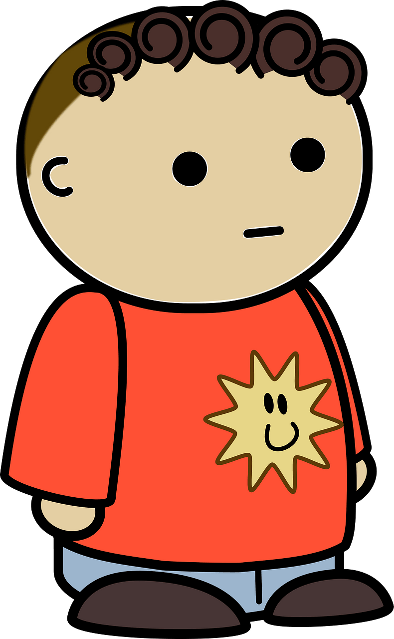 Curly haired boy in a orange shirt, no expression, to the side