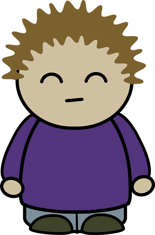 Spiky haired boy in a purple shirt, eyes closed, front