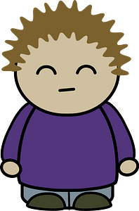 Spiky haired boy in a purple shirt, eyes closed, front