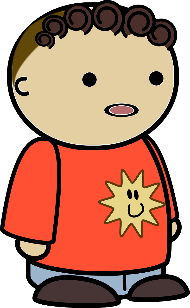 Curly haired boy in a orange shirt, confused face, to the side