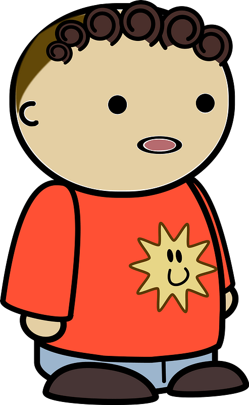 Curly haired boy in a orange shirt, confused face, to the side