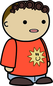 Curly haired boy in a orange shirt, confused face, to the side