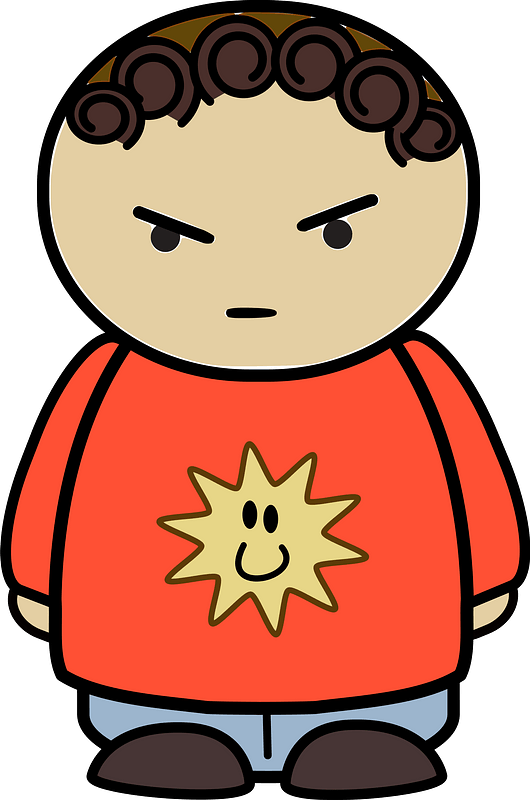 Curly haired boy in a orange shirt, annoyed face, front
