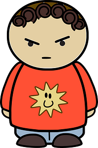 Curly haired boy in a orange shirt, annoyed face, front