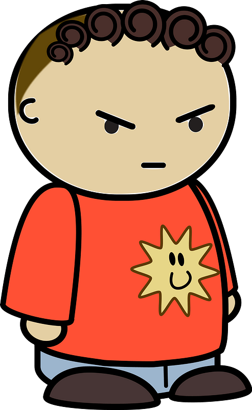 Curly haired boy in a orange shirt, annoyed face, to the side