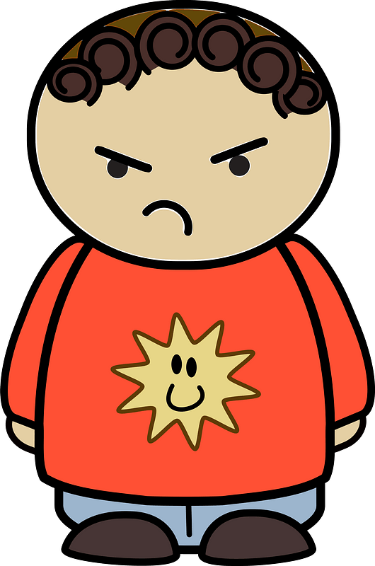 Curly haired boy in a orange shirt, angry face, front