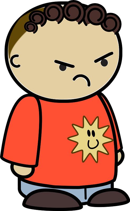 Curly haired boy in a orange shirt, angry face, to the side