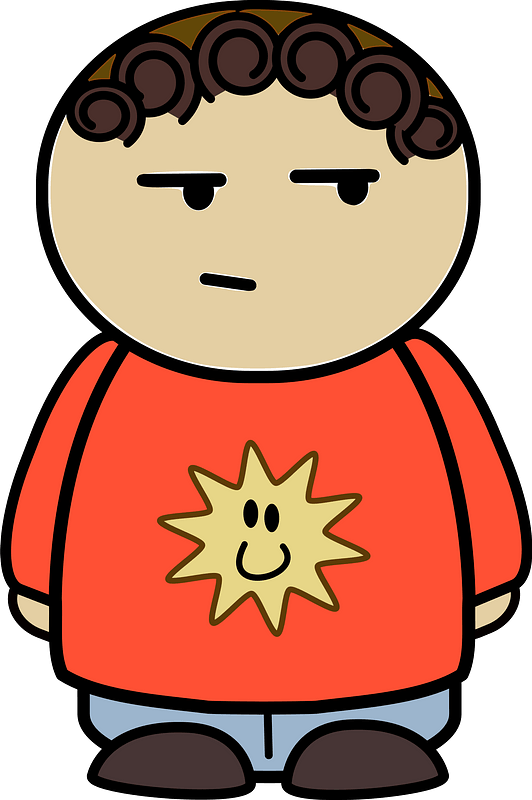 Curly haired boy in a orange shirt, confused face, front