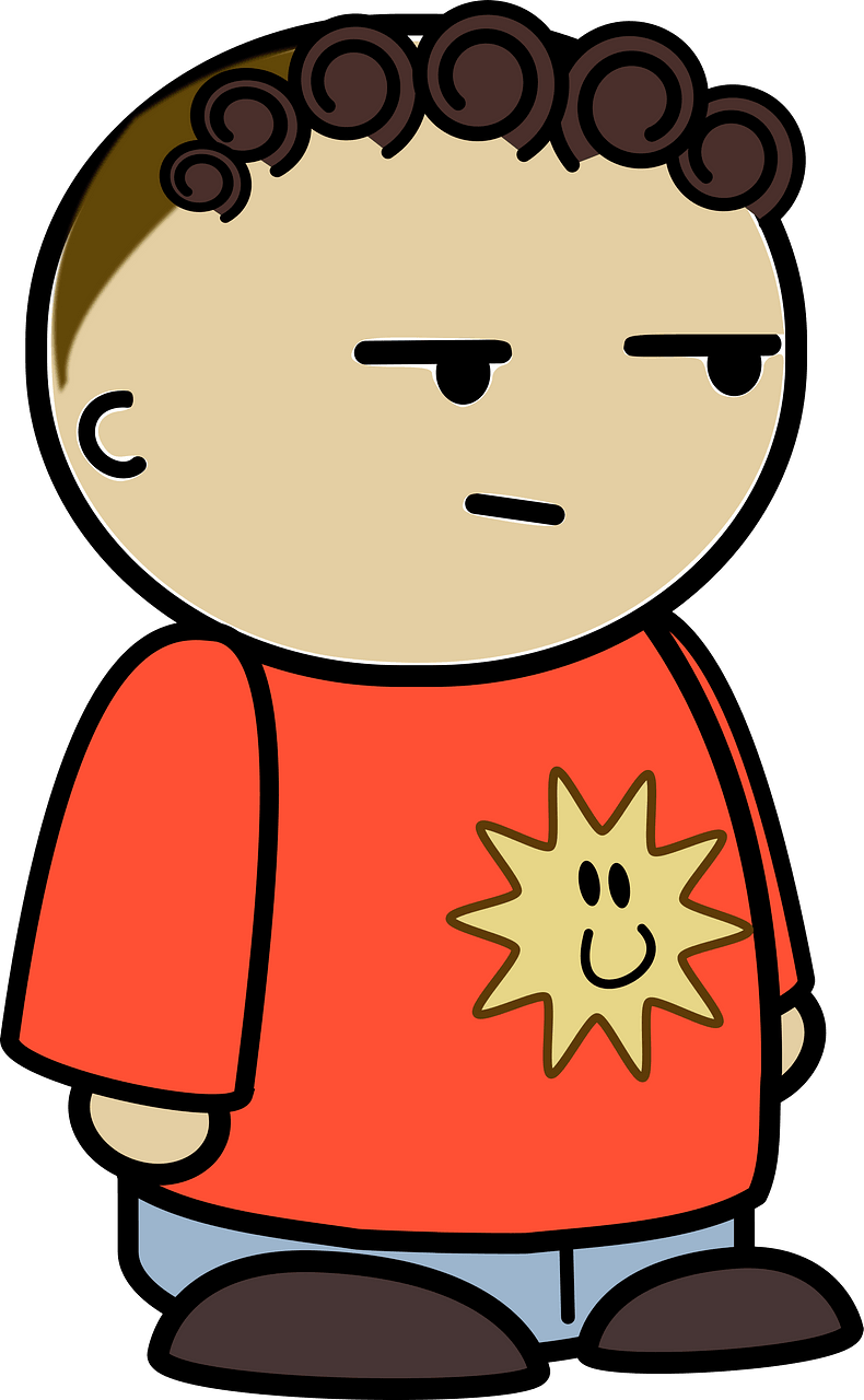 Curly haired boy in a orange shirt, confused face, to the side