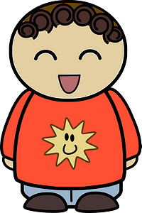 Curly haired boy in a orange shirt, joyful face, front