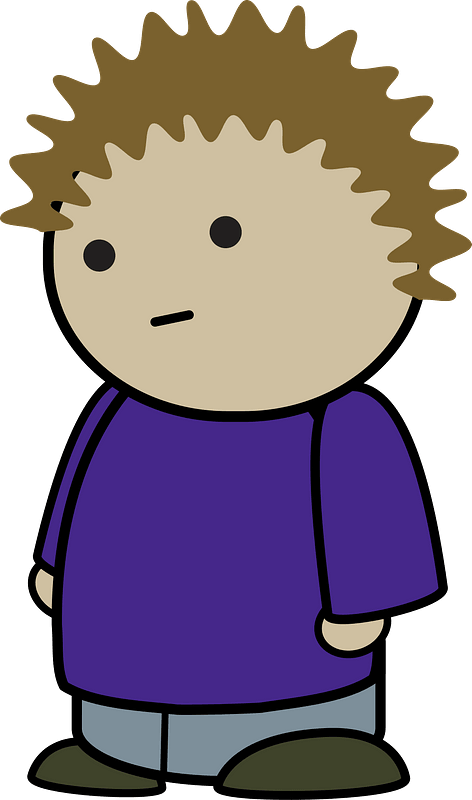 Spiky haired boy in a purple shirt, no expression, front