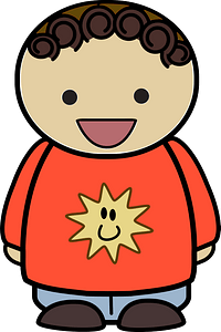 Curly haired boy in a orange shirt, happy face, front