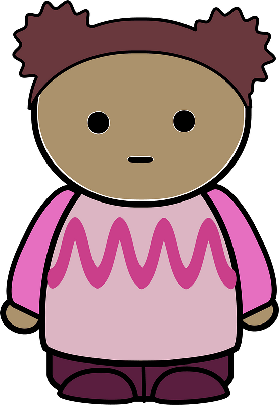 Curly haired girl in a pink shirt, no expession, front