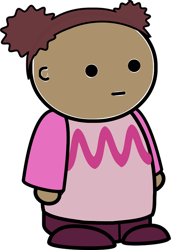 Curly haired girl in a pink shirt, no expression, to the side