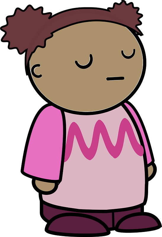 Curly haired girl in a pink shirt, smug face, to the side