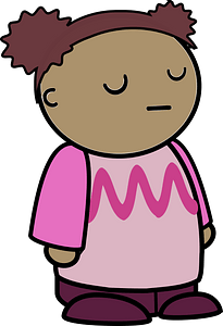 Curly haired girl in a pink shirt, smug face, to the side