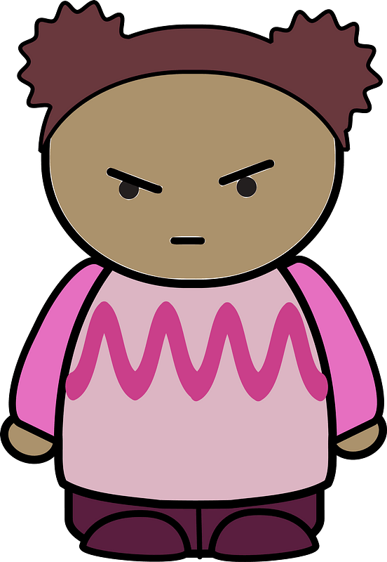 Curly haired girl in a pink shirt, annoyed face, front