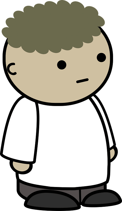 Curly haired boy in a white shirt, no expession, to the side