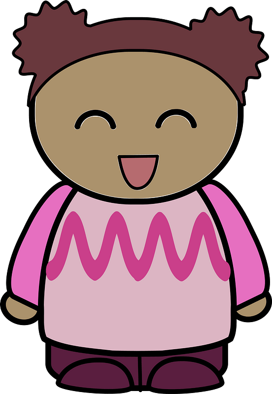 Curly haired girl in a pink shirt, joyful face, front