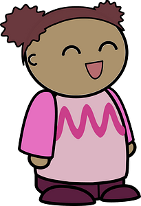 Curly haired girl in a pink shirt, joyful face, to the side