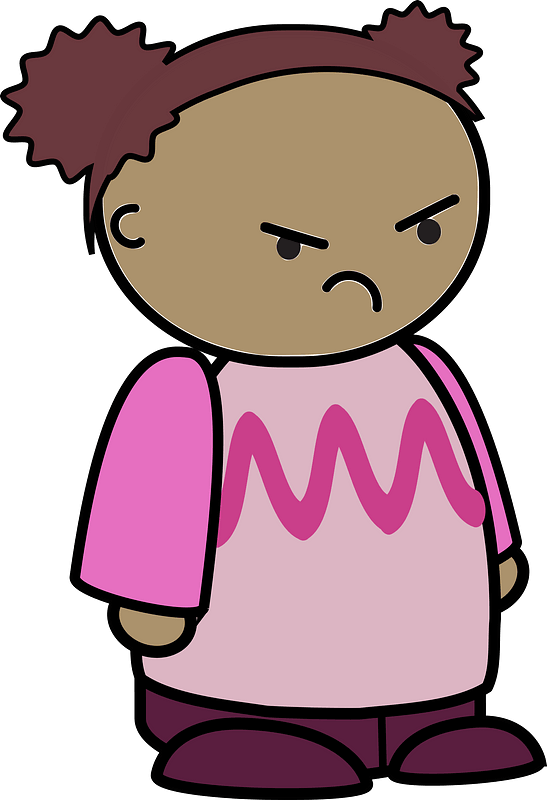 Curly haired girl in a pink shirt, angry face, to the side