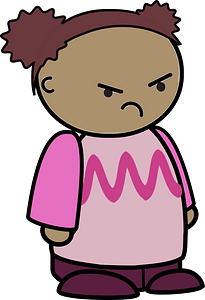 Curly haired girl in a pink shirt, angry face, to the side