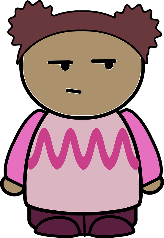 Curly haired girl in a pink shirt, confused face, front