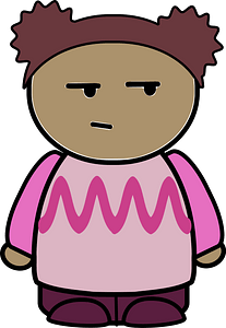 Curly haired girl in a pink shirt, confused face, front