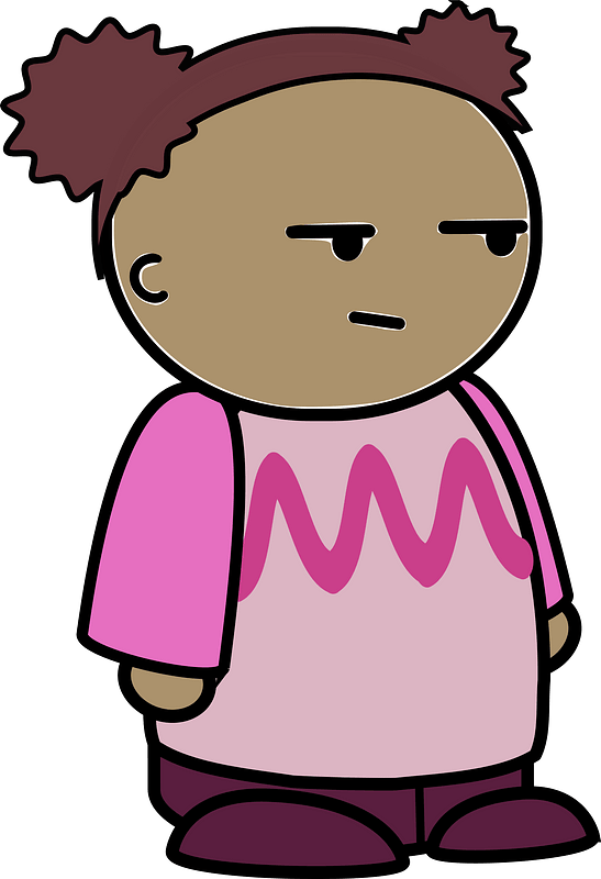 Curly haired girl in a pink shirt, confused face, to the side
