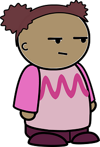 Curly haired girl in a pink shirt, confused face, to the side
