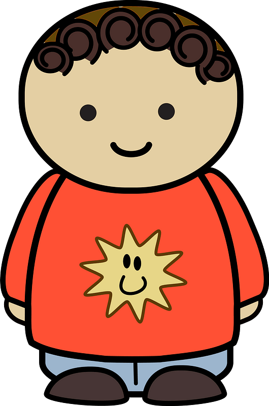Curly haired boy in a orange shirt, happy face, front