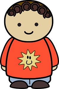 Curly haired boy in a orange shirt, happy face, front