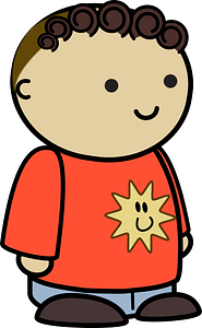 Curly haired boy in a orange shirt, happy face, to the side