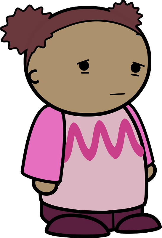 Curly haired girl in a pink shirt, sad face, to the side