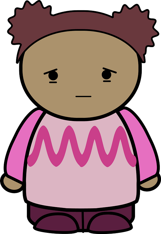 Curly haired girl in a pink shirt, sad face, front