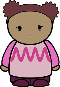 Curly haired girl in a pink shirt, sad face, front