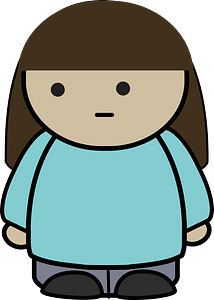 Brown haired girl in a blue shirt, no expression, front