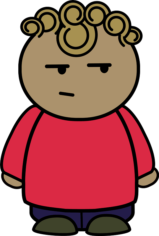 Curly haired boy in a red shirt, confused face, front