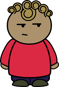 Curly haired boy in a red shirt, confused face, front