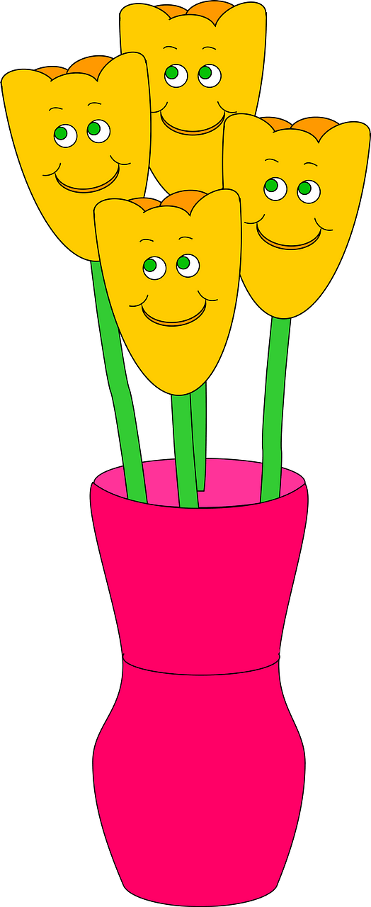 Pink Vase of Yellow Tulips with Faces